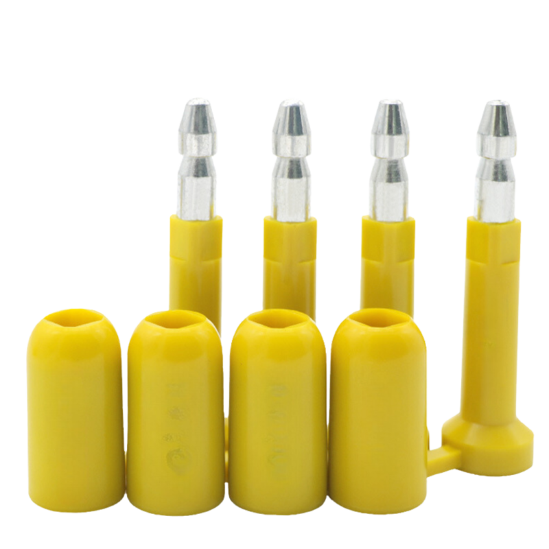 Sello de contenedor modelo ANBS003 de color amarillo, fabricado en ABS y acero bajo en carbono.